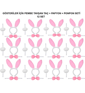 Pembe Tavşan Kostüm Seti – Taç, Papyon, Ponpon (12’li Paket) (5680)