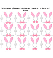 Pembe Tavşan Kostüm Seti – Taç, Papyon, Ponpon (12’li Paket) (5680)