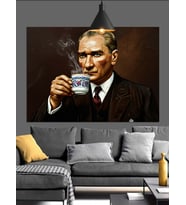 Atatürk Kahve İçiyor Portre Dekoratif Kanvas - Mdf Ahşap Tablo