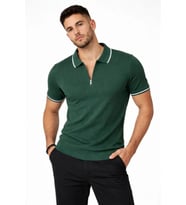 Erkek Fermuarlı Yaka Fitilli Triko Kısa Kollu Regular Fit Tişört T-shirt - Yeşil
