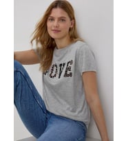 Kadife Baskılı Büyük Beden Seçenekli Kadın T-shirt (Gri)