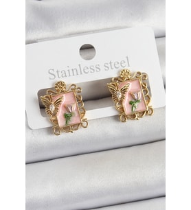 Pirinç Pembe Mineli Sanatsal Portre Model Gold Renk Kadın Küpe TJ-BKP10685