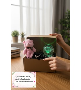 Ayıcık, Melek Kolye ve Satürn Temalı Işıklı Dolunay 3d Led Işıklı Cam Küre Hediye