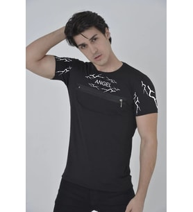 Erkek Baskılı T-Shirt Kısa Kol Bisiklet Yaka Göğüs Fermuarlı Slimfit Tişört - Siyah