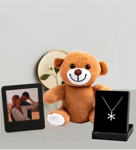 Kişiye Özel 25cm Peluş Ayıcık Ve Fotoğraflı Siyah Çerçeve Ve Kartanesi Kolye