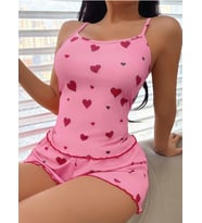 Kadın Pembe Kalp Desenli Askılı Şortlu Takım 5103