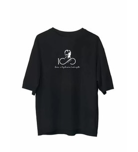 Unisex Bisiklet Yaka Baskılı Oversize T-Shirt - Siyah