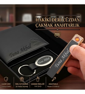 Kişiye Özel Hakiki Deri Cüzdan Şarjlı Çakmak Anahtarlık Erkek Hediye Seti - Babaya Eşe Sevgiliye Arkadaşa Hediye