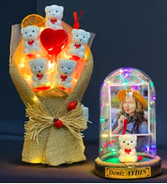 Size Özel Renkli Led Işıklı Fanus ve Led Işıklı Ayıcık Buketi Hediye Seti (Model 10)