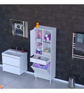 Modilayn AFRA 65x173x32,5cm 1 Çekmece, 1 Göz Sepet, 1 Kapak, 8 Raf Dar Alan Banyo Dolabı