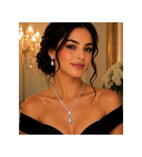 DAMLA MODEL, GÜMÜŞ RENK, ZİRKON TAŞLI SUYOLU KOLYE VE KÜPE SETİ ACR9831