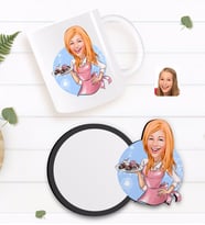 BK Gift Kişiye Özel Kadın Aşçı Karikatürlü Beyaz Kupa ve Ahşap Bardak Altlığı Hediye Seti-4