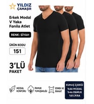 Yıldız Çamaşır Erkek V Yaka Kısa Kol Modal Likralı Fanila Atlet (150-151-152-153 ) - 3 Adet
