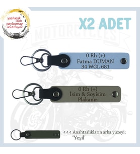 Motosiklet Aşıkları İçin İsim Plaka ve 0 Rh (+) Kan Grubu Yazılı x2 Anahtarlık Set, Kül Gri-Mavi-Ysl (Çok Renkli)