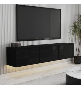 T0020 Alston 3 Kapaklı Duvara Monte Tv Ünitesi – LED Işıklı, Modern Tasarım, 160 cm (Parlak Siyah)