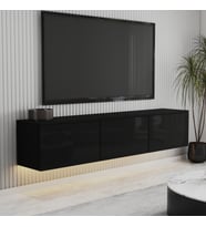T0020 Alston 3 Kapaklı Duvara Monte Tv Ünitesi – LED Işıklı, Modern Tasarım, 160 cm (Parlak Siyah)