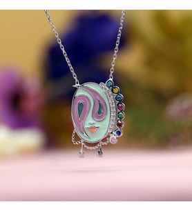 Beyaz Taşlı Renkli Mineli Sallantılı Maske Gümüş Kolye