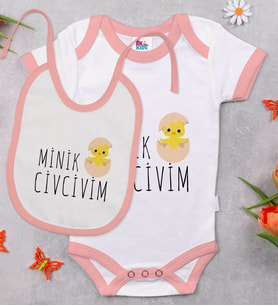 BK Kids Minik Civcivim Tasarımlı Pembe Bebek Body Zıbın ve Mama Önlüğü Hediye Seti-1