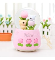 Lale Temalı Sevimli Ayıcık Işıklı Müzikli Püskürtmeli Büyük Boy Kar Küresi (Pembe)