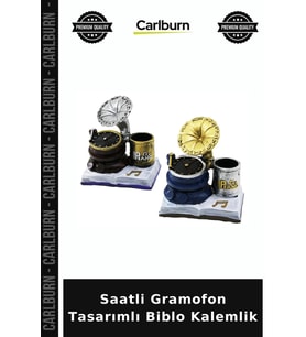 Özel Üretim Ofis Saatli Gramofon Tasarımlı Biblo Kalemlik - Dekoratif Model - Nostaljik Tasarım