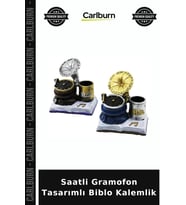 Özel Üretim Ofis Saatli Gramofon Tasarımlı Biblo Kalemlik - Dekoratif Model - Nostaljik Tasarım