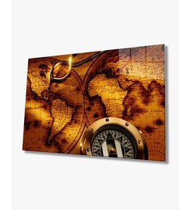 Eksi Dünya Haritası 4mm Dayanıklı Cam Tablo Temperli Cam, Old World Map Glass painting