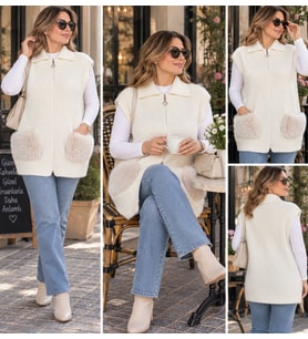 Kadın Angora Cepli Fermuarlı Yakalı Yelek