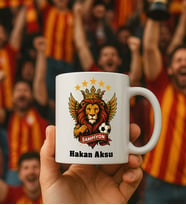 BK Gift Kişiye Özel Sarı Kırmızı 5 Yıldız Aslan Taraftar Tasarımlı Beyaz Kupa Bardak-3, Taraftar Hediyesi, Doğum Günü Hediyesi, Arkadaşa Hediye