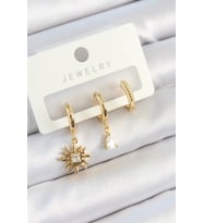 Pirinç Zirkon Taşlı Güneş Model Gold Renk 3'lü Çift Kadın Küpe Set TJ-BKP10824