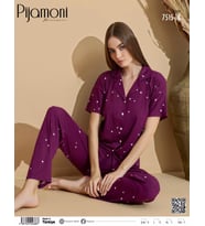 Pijamoni Kadın Kısa Kol Boydan Düğmeli Pijama Takımı - 7515-18 (Mürdüm)
