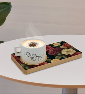 BK Gift Kişiye Özel Çiçekler Tasarımlı Doğal Ahşap Tabaklı Seramik Fincan Sunum Seti  Model 6