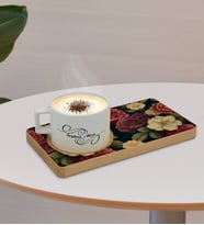 BK Gift Kişiye Özel Çiçekler Tasarımlı Doğal Ahşap Tabaklı Seramik Fincan Sunum Seti  Model 6