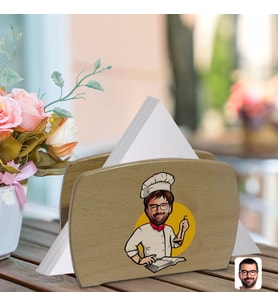 BK Gift Kişiye Özel Erkek Chef Karikatürlü Lüks Ahşap Peçetelik-12