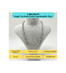 SERTİFİKALI Labrodorit Doğal Taş 6mm Makrome Kolye 45cm- 55cm Ayarlanabilir Ölçü