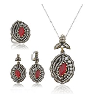 Yakut Taşlı Otantik Yaprak 925 Ayar Gümüş Kadın Set