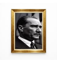 Tablore Atatürk Portresi Altın Varaklı Çerçeveli Tablo Siyah Beyaz Karizmatik Poz