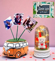 Kişiye Özel Hediye Seti 3 Fotoğraflı Turuncu Vosvos Saksı ve Led Işıklı Fanus (Model 5)