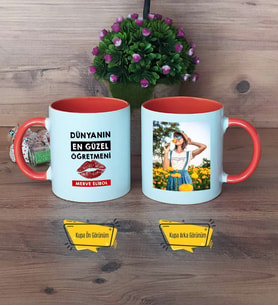 Kadın Öğretmene Hediye Kupa Bardak Turuncu Fotoğraflı Öğretmenler Günü Hediyesi