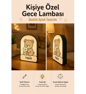 Kişiye Özel İsimli Çiçekli Sevimli Ayıcık Gece Lambası Sıcak Işıklı Çocuk ve Bebek Odası Dekoru