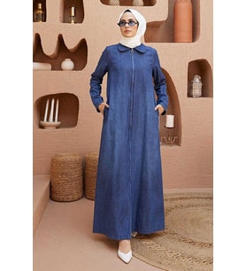 6568-Denim Fermuarlı Ferace Koyu Mavi