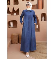 6568-Denim Fermuarlı Ferace Koyu Mavi