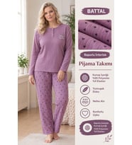 Lindros Kadın Düğme Yaka Raporlu İnterlok KIŞLIK Battal Pijama Takımı 02788 - 1 Adet