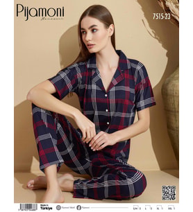 Pijamoni Kadın Kısa Kol Boydan Düğmeli Pijama Takımı - 7515-23 (Lacivert)