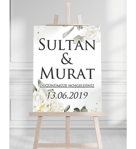 Söz Nişan Düğün İçin 50x70 Karşılama Panosu - Beyaz Çiçek ve Beyaz Tasarımlı