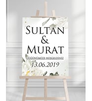 Söz Nişan Düğün İçin 50x70 Karşılama Panosu - Beyaz Çiçek ve Beyaz Tasarımlı