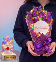 Renkli Led Işıklı Aynalı Mor Kelebek Buketi (Kişiye Özel Renkli Işıklı Fanus Hediyeli) (Model 1)
