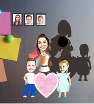 Kişiye Özel Anneler Günü Anne Erkek Kız Kardeş Karikatürlü Ahşap Magnet Model-2