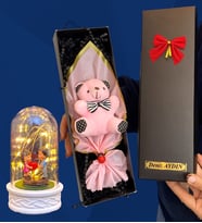 Size Özel İsimli Kutuda Pembe Peluş Ayıcık ve Led Işıklı Biblolu Fanus (Model 4)