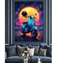 Retro Motosiklet Ve Neon Gökyüzü Dekoratif Kanvas - Mdf Ahşap Tablo