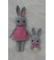 Gri Şeker Tavşan ve Çıngırak Amigurumi Organik Oyuncak